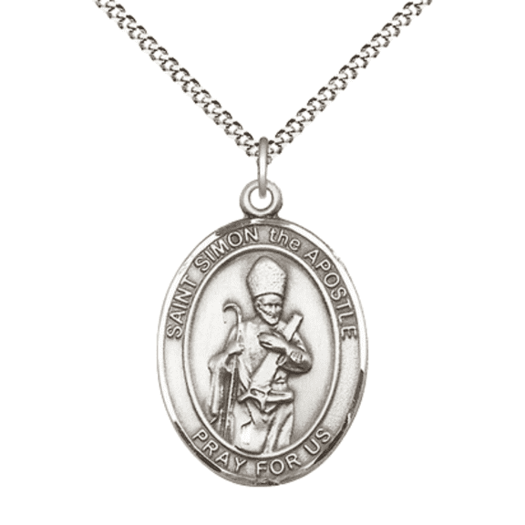 .925 Sterling Silver Saint Simon Medal Pendant on 18 Inch Rhodium Plated Lite Curb Brass Chain with Lobster Claw Clasp,Catholic Religious Necklace -Made in USA- Deluxe Velvet Gift Box