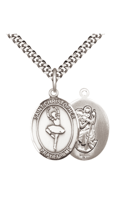 .925 Sterling Silver Saint St Christopher Dance Medal Pendant on 24 Inch Endless Rhodium Plated Heavy Curb Brass Chain, Catholic Religious Necklace -Made in USA- Deluxe Velvet Gift Box