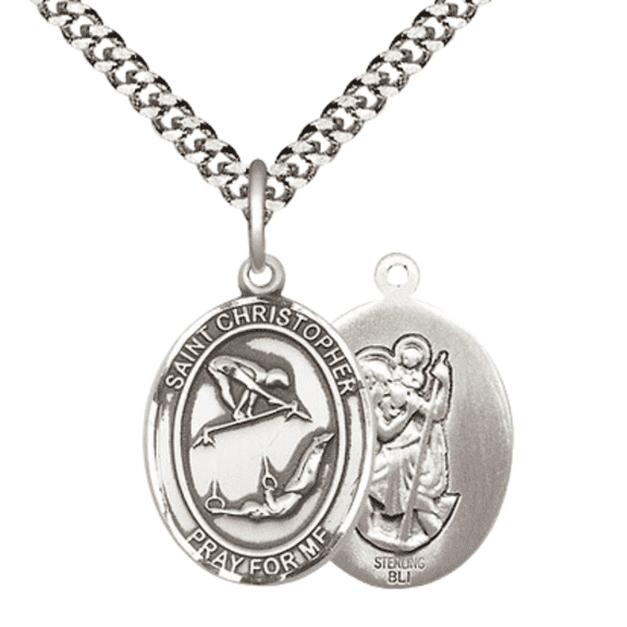 .925 Sterling Silver Saint St Christopher Gymnastics Medal Pendant on 24 Inch Endless Rhodium Plated Heavy Curb Brass Chain, Catholic Religious Necklace -Made in USA- Deluxe Velvet Gift Box