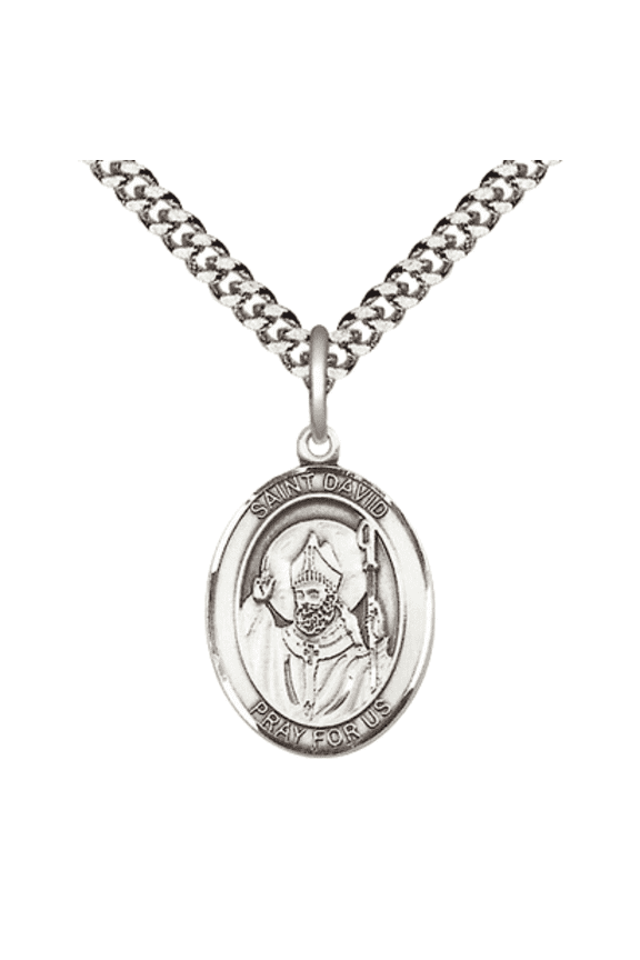 .925 Sterling Silver Saint St David of Wales Medal Pendant on 24 Inch Endless Rhodium Plated Heavy Curb Brass Chain, Catholic Religious Necklace -Made in USA- Deluxe Velvet Gift Box