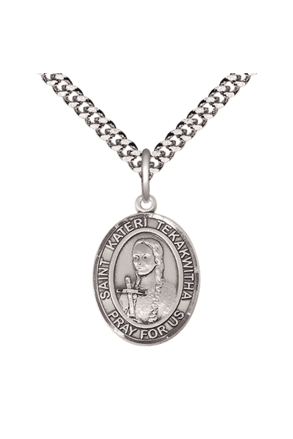 .925 Sterling Silver Saint St Kateri Tekakwitha Medal Pendant on 24 Inch Endless Rhodium Plated Heavy Curb Brass Chain, Catholic Religious Necklace -Made in USA- Deluxe Velvet Gift Box