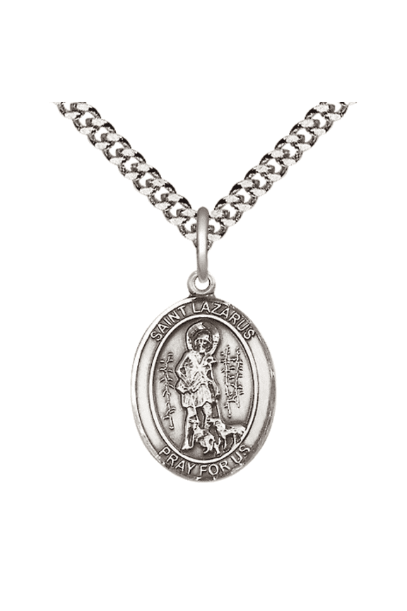.925 Sterling Silver Saint St Lazarus Medal Pendant on 24 Inch Endless Rhodium Plated Heavy Curb Brass Chain, Catholic Religious Necklace -Made in USA- Deluxe Velvet Gift Box