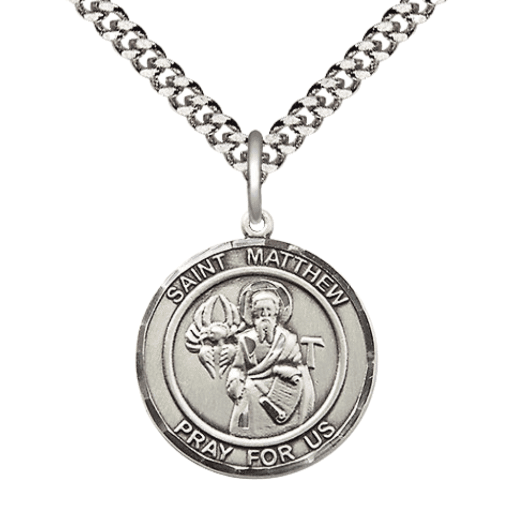 .925 Sterling Silver Saint St Matthew the Apostle Medal Pendant on 24 ...