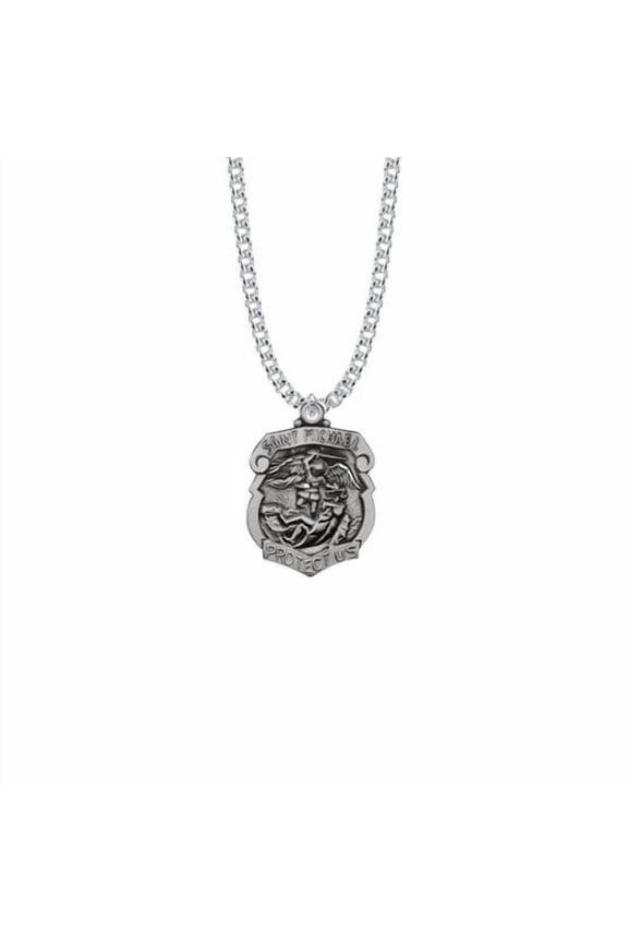 Men's Women's 1-1/8 Inch Sterling Silver St. Michael Shield Medal, Patron Saint of Police Officers with Stainless Steel Rhodium Plated 20" Chain, Style Saint