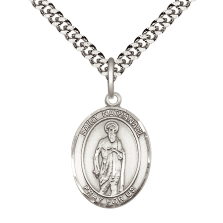 .925 Sterling Silver Saint St Nathanael Medal Pendant on 24 Inch Endless Rhodium Plated Heavy Curb Brass Chain, Catholic Religious Necklace -Made in USA- Deluxe Velvet Gift Box