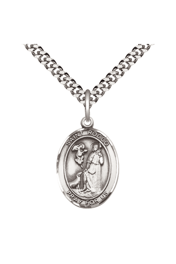 Medium .925 Sterling Silver Saint St. Rocco Medal Pendant on 24 Inch Endless Rhodium Plated Heavy Curb Brass Chain, Catholic Religious Necklace -Made in USA- Deluxe Velvet Gift Box