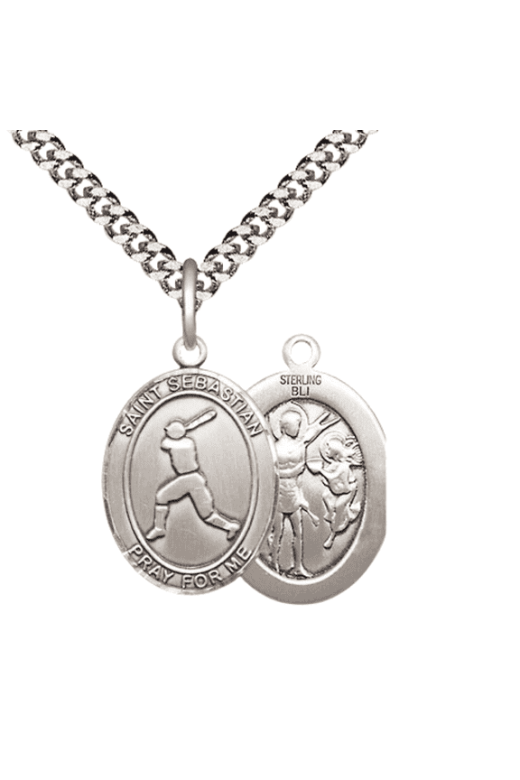 .925 Sterling Silver Saint St. Sebastian Baseball Medal Pendant on 24 Inch Endless Rhodium Plated Heavy Curb Brass Chain, Catholic Religious Necklace -Made in USA- Deluxe Velvet Gift Box