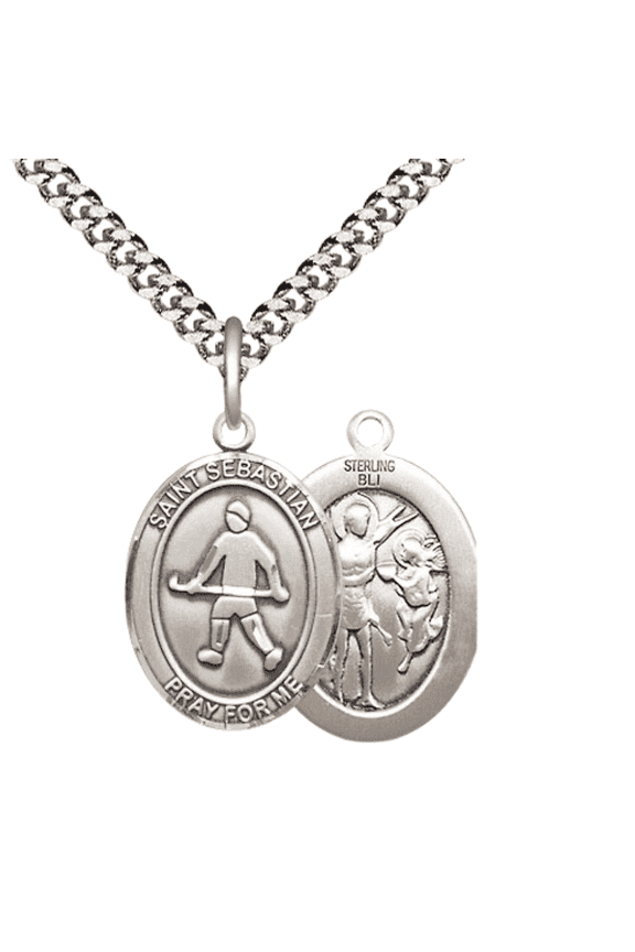 .925 Sterling Silver Saint St. Sebastian Field Hockey Medal Pendant on 24 Inch Endless Rhodium Plated Heavy Curb Brass Chain, Catholic Religious Necklace -Made in USA- Deluxe Velvet Gift Box
