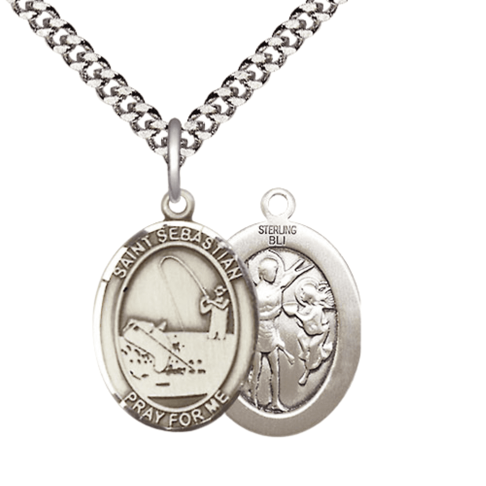 925 Sterling Silver Saint Sebastian Archery Medal Pendant on  St. Sebastian Sterling Silver Religious Medal Necklace 24” Heavy Curb Chain main image 2