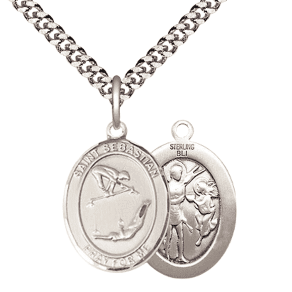 .925 Sterling Silver Saint St. Sebastian Gymnastics Medal Pendant on 24 Inch Endless Rhodium Plated Heavy Curb Brass Chain, Catholic Religious Necklace - Made in USA- Deluxe Velvet Gift Box