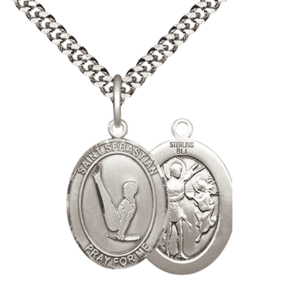 .925 Sterling Silver Saint St. Sebastian Gymnastics Medal Pendant on 24 Inch Endless Rhodium Plated Heavy Curb Brass Chain, Catholic Religious Necklace -Made in USA- Deluxe Velvet Gift Box
