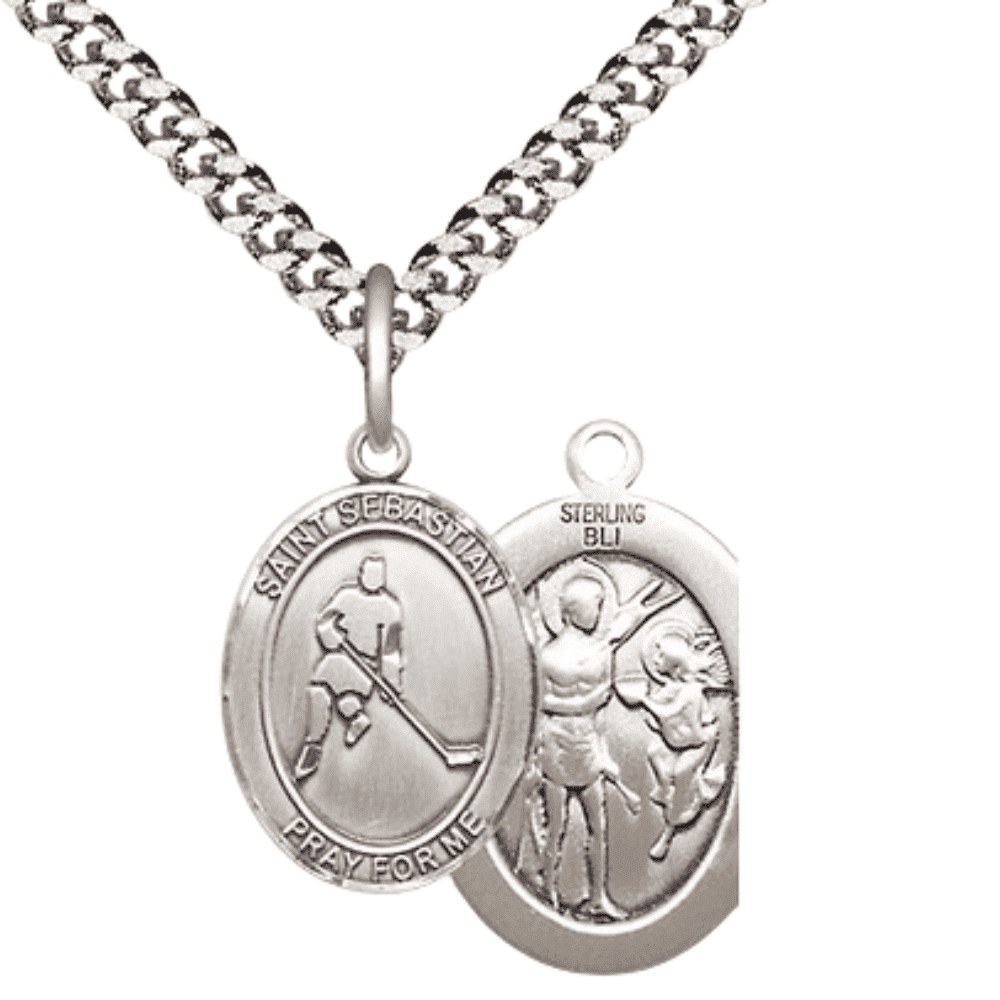 .925 Sterling Silver Saint St. Sebastian Ice Hockey Medal Pendant on 24 ...