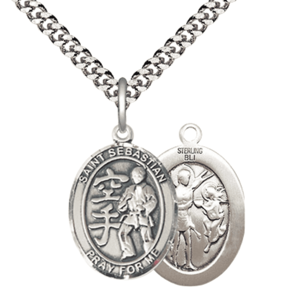 Medium .925 Sterling Silver Saint Sebastian Karate Medal Pendant on 24 ...