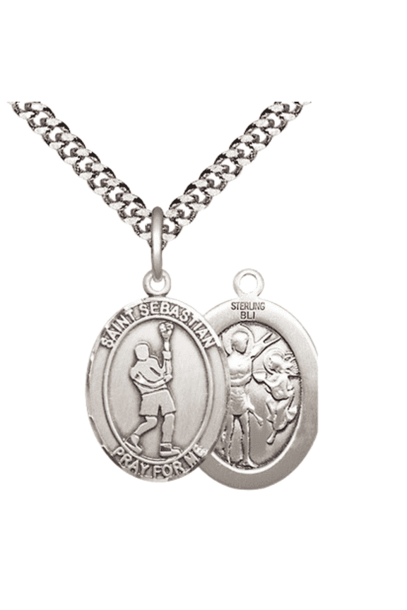 .925 Sterling Silver Saint St. Sebastian Lacrosse Medal Pendant on 24 Inch Endless Rhodium Plated Heavy Curb Brass Chain, Catholic Religious Necklace - Made in USA- Deluxe Velvet Gift Box