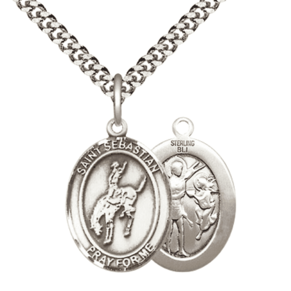 .925 Sterling Silver Saint St. Sebastian Rodeo Medal Pendant on 24 Inch Endless Rhodium Plated Heavy Curb Brass Chain, Catholic Religious Necklace -Made in USA- Deluxe Velvet Gift Box