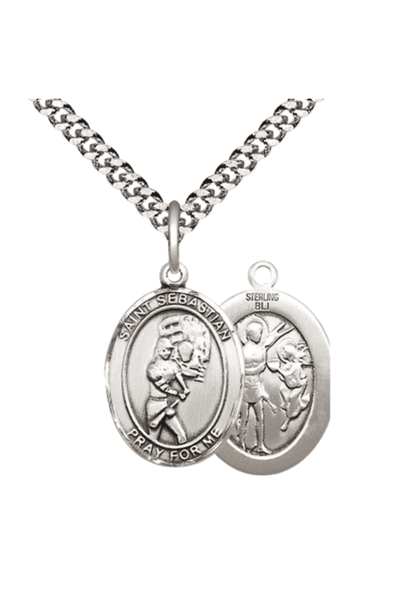 Medium .925 Sterling Silver Saint Sebastian Softball Medal Pendant on 24 Inch Endless Rhodium Plated Heavy Curb Brass Chain, Catholic Religious Necklace -Made in USA- Deluxe Velvet Gift Box
