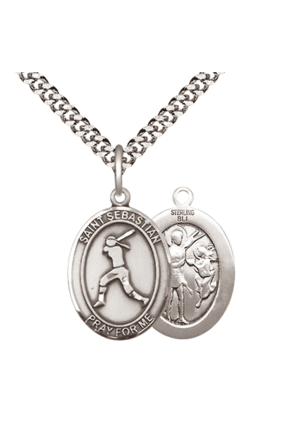 .925 Sterling Silver Saint St. Sebastian Softball Medal Pendant on 24 Inch Endless Rhodium Plated Heavy Curb Brass Chain, Catholic Religious Necklace - Made in USA- Deluxe Velvet Gift Box