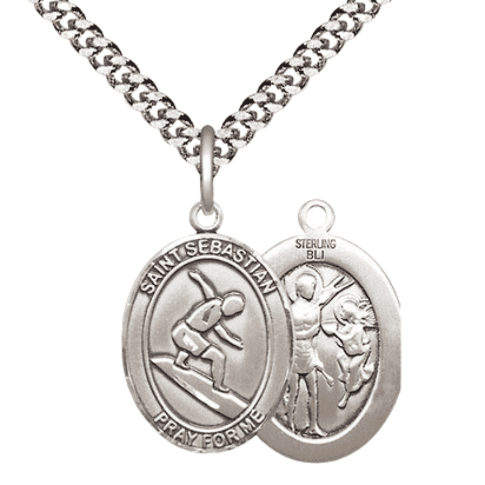 .925 Sterling Silver Saint St. Sebastian Surfing Medal Pendant on 24 ...