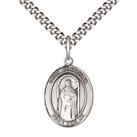 .925 Sterling Silver Saint St. Seraphina Medal Pendant on 24 Inch Endless Rhodium Plated Heavy Curb Brass Chain, Catholic Religious Necklace -Made in USA- Deluxe Velvet Gift Box