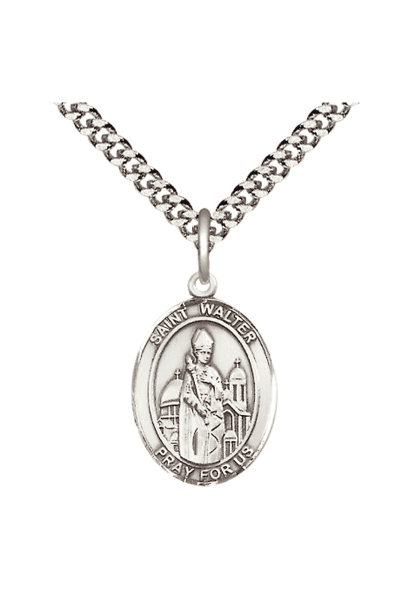 .925 Sterling Silver Saint St. Walter of Pontnoise Medal Pendant on 24 Inch Endless Rhodium Plated Heavy Curb Brass Chain, Catholic Religious Necklace -Made in USA- Deluxe Velvet Gift Box