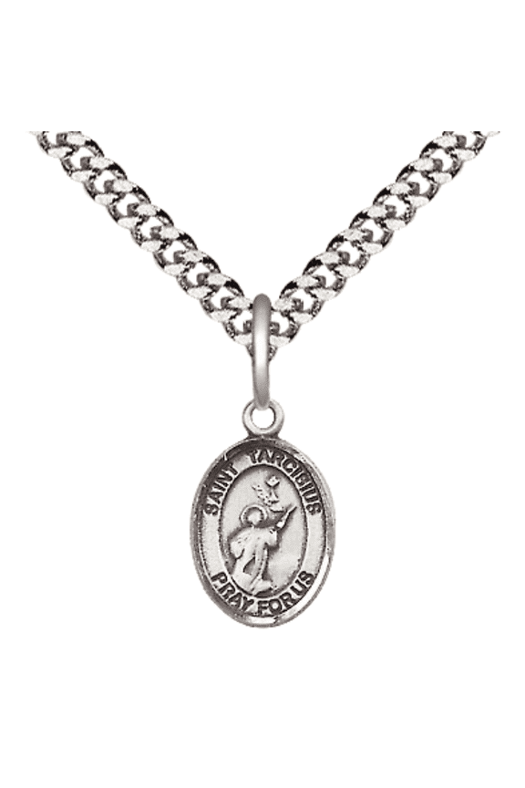 Small .925 Sterling Silver Saint Tarcisius Medal Pendant on 24 Inch Endless Rhodium Plated Heavy Curb Brass Chain, Catholic Religious Necklace -Made in USA- Deluxe Velvet Gift Box