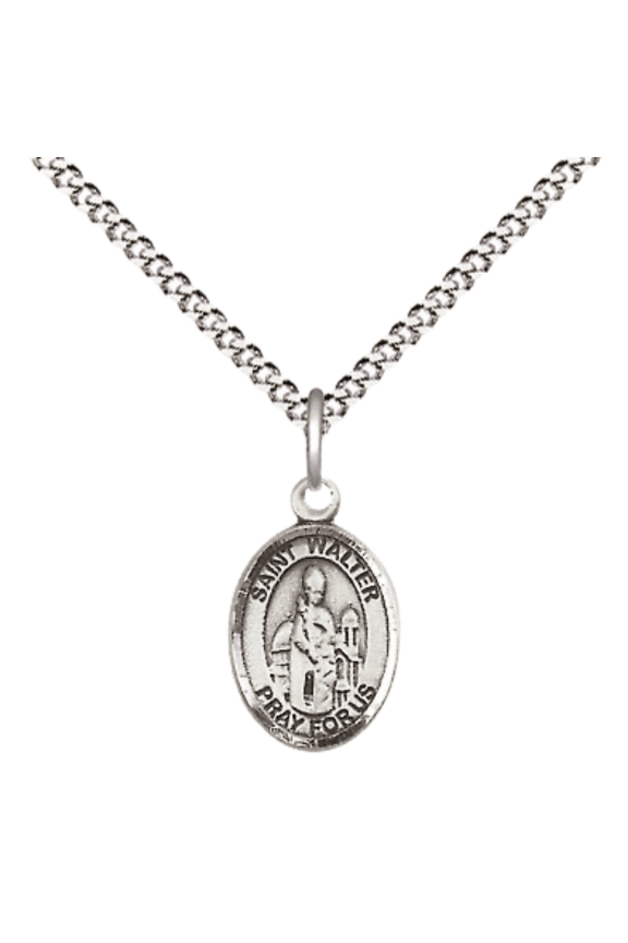 .925 Sterling Silver Saint Walter of Pontnoise Medal Pendant on 18" Rhodium Plated Lite Curb Brass Chain with Lobster Claw Clasp, Catholic Religious Necklace - Made in USA- Velvet Gift Box
