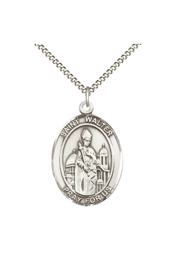.925 Sterling Silver Saint Walter of Pontnoise Medal Pendant on 18" Rhodium Plated Lite Curb Brass Chain w/ Lobster Claw Clasp,Catholic Religious Necklace -Made in USA- Velvet Gift Box