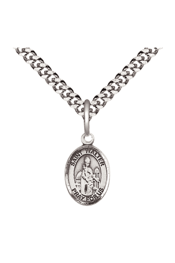 .925 Sterling Silver Saint Walter of Pontnoise Medal Pendant on 24 Inch Endless Rhodium Plated Heavy Curb Brass Chain, Catholic Religious Necklace -Made in USA- Deluxe Velvet Gift Box