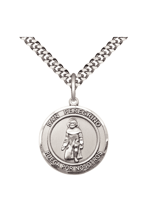 .925 Sterling Silver San Peregrino Medal Pendant on 24 Inch Endless Rhodium Plated Heavy Curb Chain,Catholic Religious Necklace -Made in USA - with Deluxe Velvet Gift Box