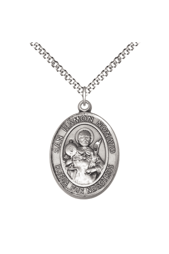 .925 Sterling Silver San Ramon Nonato Medal Pendant on 18 Inch Rhodium Plated Lite Curb Brass Chain,Catholic Religious Necklace with Lobster Claw Clasp -Made in USA- Deluxe Velvet Gift Box