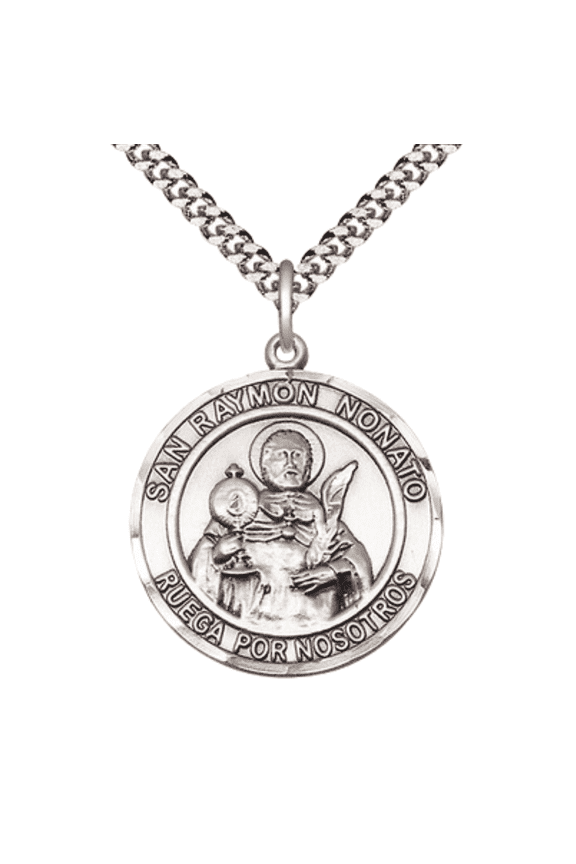 .925 Sterling Silver San Ramon Nonato Medal Pendant on 24 Inch Endless Rhodium Plated Heavy Curb Chain,Catholic Religious Necklace -Made in USA- Deluxe Velvet Gift Box