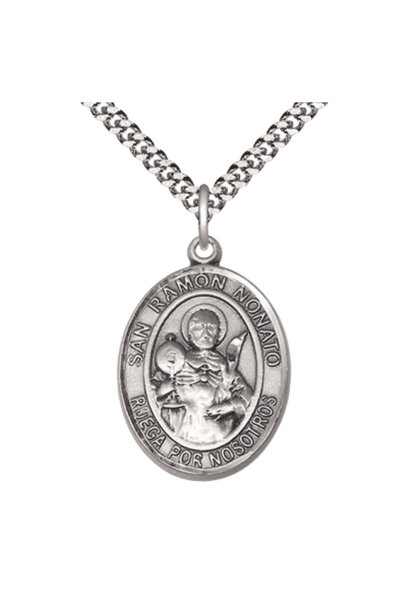 .925 Sterling Silver San Ramon Nonato Medal Pendant on 24 Inch Endless Rhodium Plated Heavy Curb Chain,Catholic Religious Necklace -Made in USA, Deluxe Velvet Gift Box