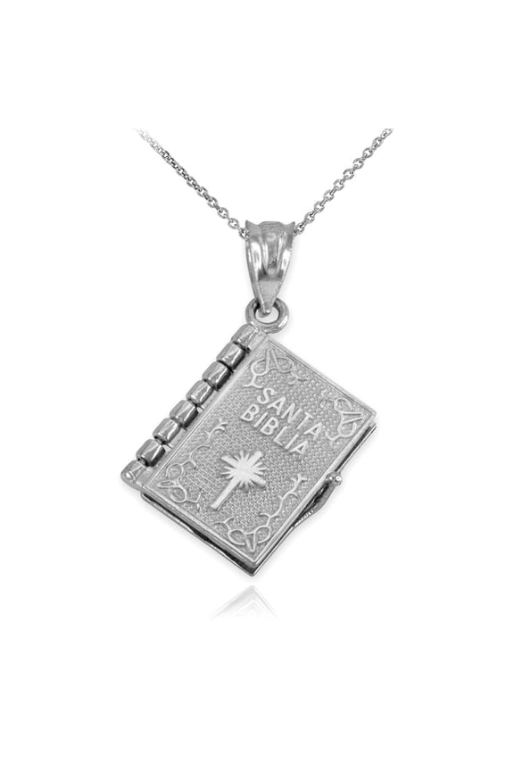 .925 Sterling Silver Santa Biblia Spanish Open Holy Bible (Pendant with 18" chain)