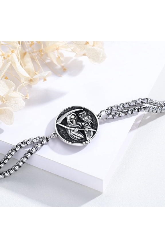 925 Sterling Silver Santa Muerte Bracelet Grim Reaper Bracelet Owl Skull Holy Death Scythe Aumelt Charm Santa Muerte Jewelry for Men Women