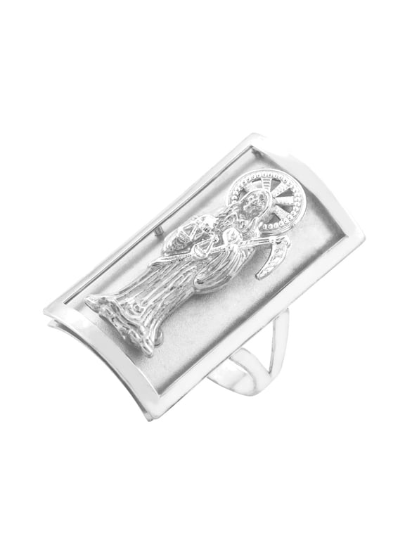 .925 Sterling Silver Santa Muerte Protection Shield Signet Ring (0.90")/ Size 10