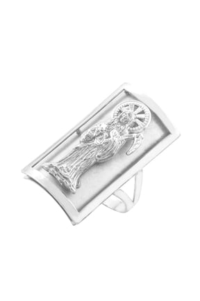 .925 Sterling Silver Santa Muerte Protection Shield Signet Ring (0.90")/ Size 7