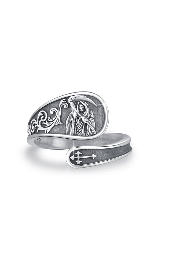 925 Sterling Silver Santa Muerte Spoon Ring Goth Grim Reaper Gothic Skull Adjustable Ring Jewelry Halloween Christmas Gifts for Men Women #8