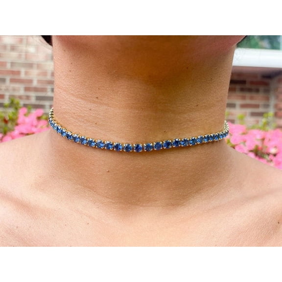 925 Sterling Silver Sapphire Tennis Necklace | Jeweled Choker | 5mm CZ Sapphire Choker | Bridal Jewelry |