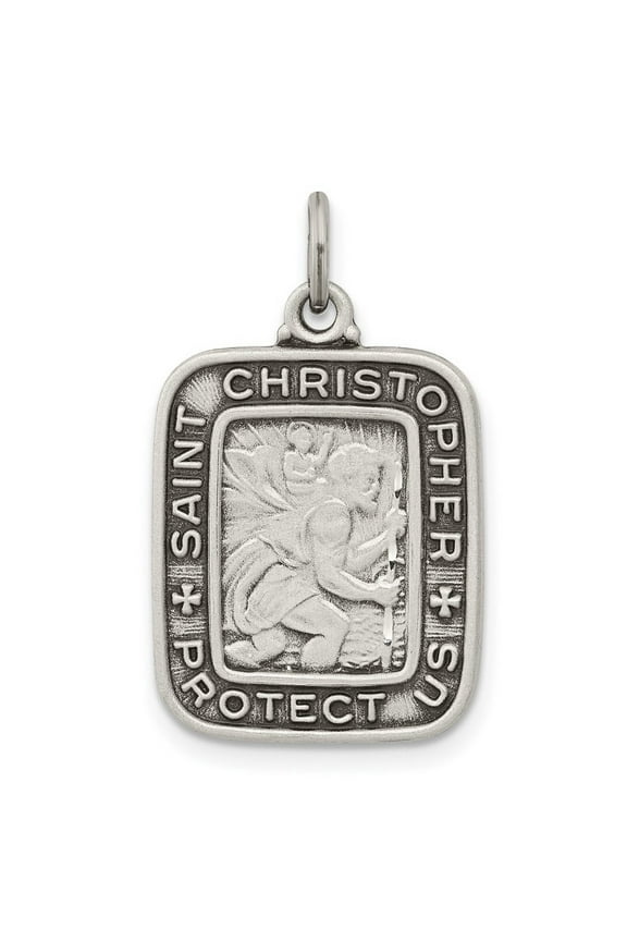925 Sterling Silver Satin Artisan Oxidized Square St. Christopher Medal Pendant Necklace Measures 25x15mm Wide - Pendant
