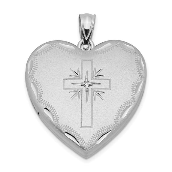 925 Sterling Silver Satin Patterned Holds 2 photos 24mm With Diamond Religious Faith Cross Design Family Love Heart Lock