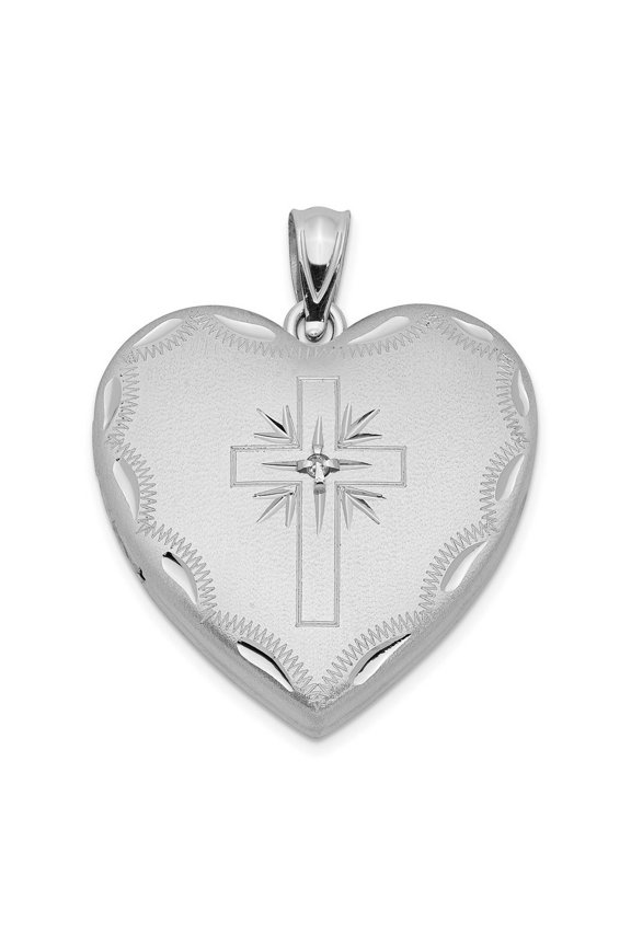 925 Sterling Silver Satin Patterned Holds 2 photos 24mm With Diamond Religious Faith Cross Design Family Love Heart Lock