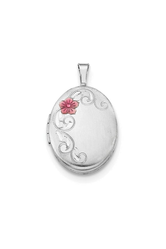 925 Sterling Silver Satin Patterned Holds 2 photos With Enamel Flowers 19mm Oval Locket Locket Necklace for Women