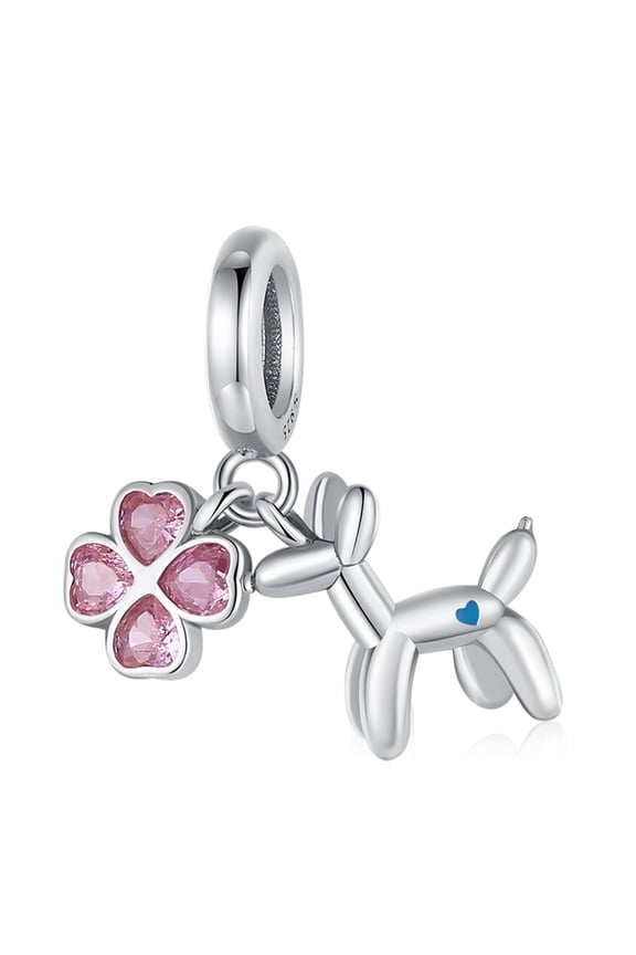 925 Sterling Silver Sausage Dog Pink Clover Dangle Charm For Bracelets
