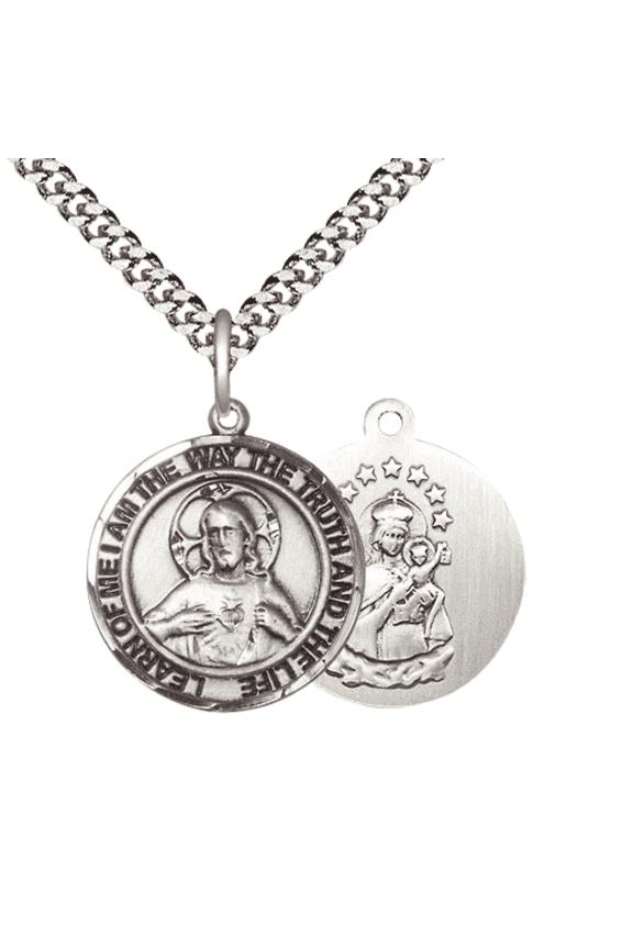 .925 Sterling Silver Scapular Round Medium Medal Pendant on 24 Inch Endless Rhodium Plated Heavy Curb Brass Chain, Catholic Religious Necklace -Made in USA- Deluxe Velvet Gift Box