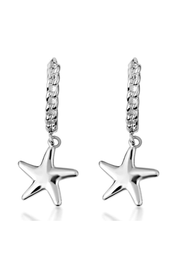 .925 Sterling Silver Sea Starfish Ocean Cuban Link Huggie Earrings