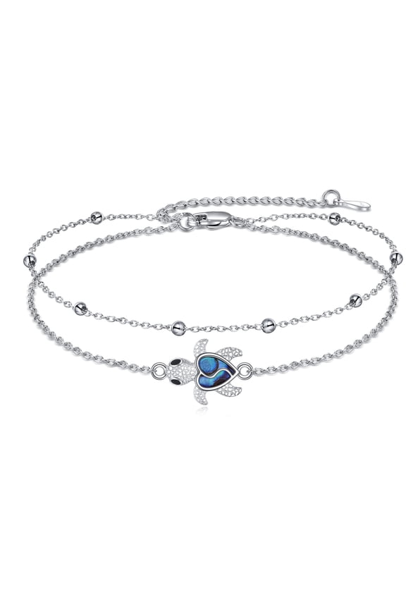 925 Sterling Silver Sea Turtle Anklets Double Layered Chain for Women Birthday Women Turtle Ankle Bracelet Summer Beach Jewelry