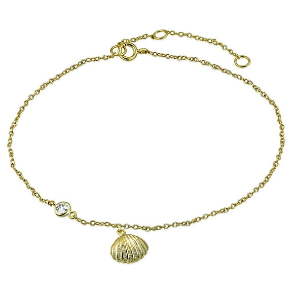 925 Sterling Silver Seashell Bezel-Set Clear CZ Anklet Bracelet, 10"