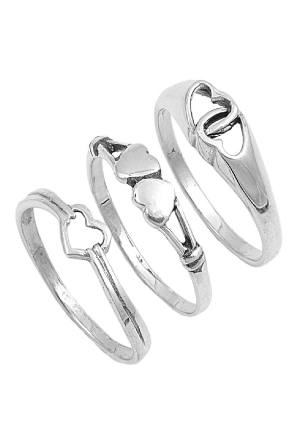 925 Sterling Silver Set of 3 Heart Ring Size 6