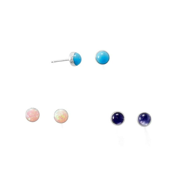 925 Sterling Silver Set of 3 Simulated Pink-Opal Simulated Turquoise and Iolite Button Studs of 3 4. Stud Earring for Wo