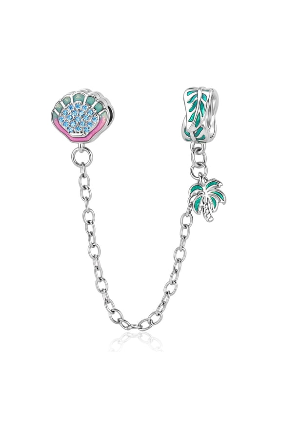 925 Sterling Silver Shell Palm Tree Safety Chain Charm For Bracelets & Bangle Pendant Jewelry